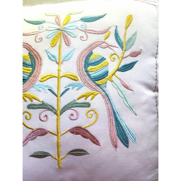 THROW PILLOW-COASTAL HOME-Embroidery-Birds-Folk Design-Tassles-Large-17" x 17" - Picture 3 of 14